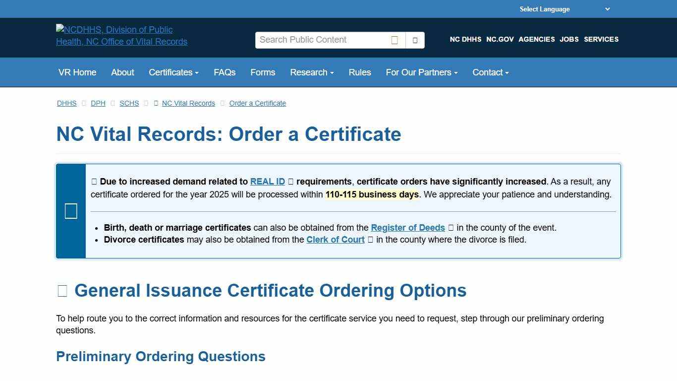 NCDHHS: DPH: NC Vital Records: Order a Certificate