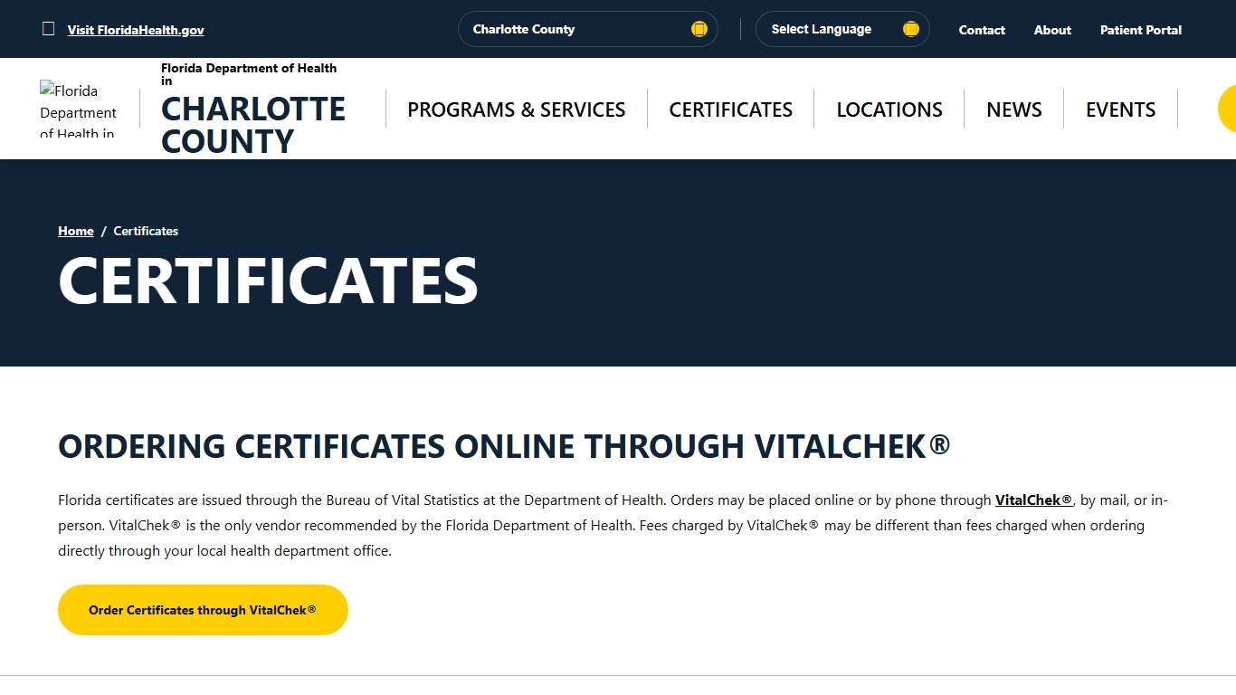 Certificates - Florida Department of Health in Charlotte County